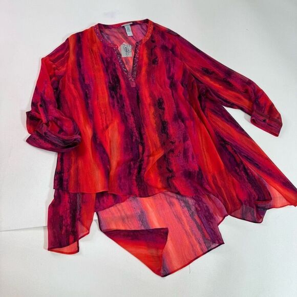 Catherine's Shirt Womens 3X Red Sheer Tunic Top Beaded Flowy Asymmetric Hem New - Picture 1 of 10